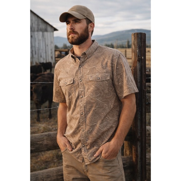Old Ranch Other - Mens SS Snap Front Shirt Brown Palm Leaf Organic Cotton Blend Hiking Shirt Large